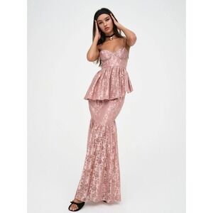 For Love & Lemons Shai Gown Pink XS Metallic Lace Maxi Dress Rhinestone $329